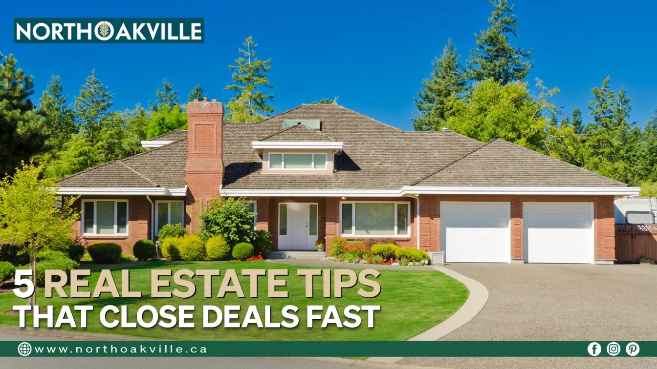 Brick bungalow-style home with double garage in North Oakville, featured in a real estate marketing banner promoting tips to sell homes fast.